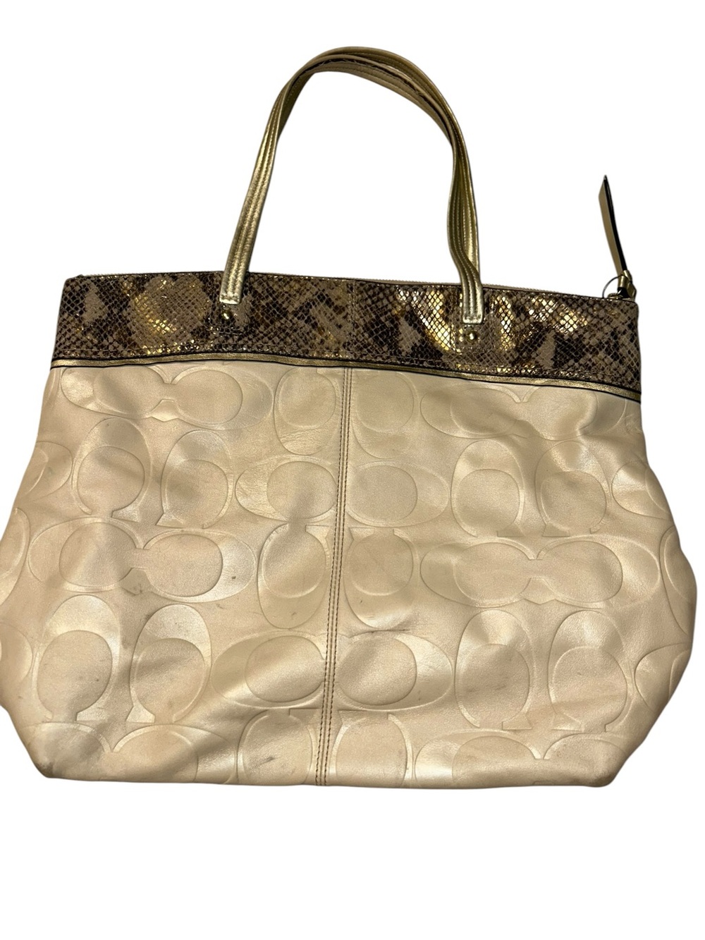 Coach Beige Tote with Gold Snake-Print Trim